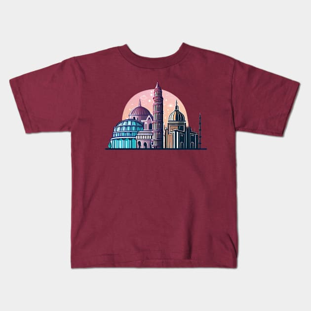 Designs that depict iconic and beautiful buildings from various parts of the world, such as the Eiffel tower, the Taj Mahal, the Colosseum or the Tower of Pisa. Kids T-Shirt by maricetak